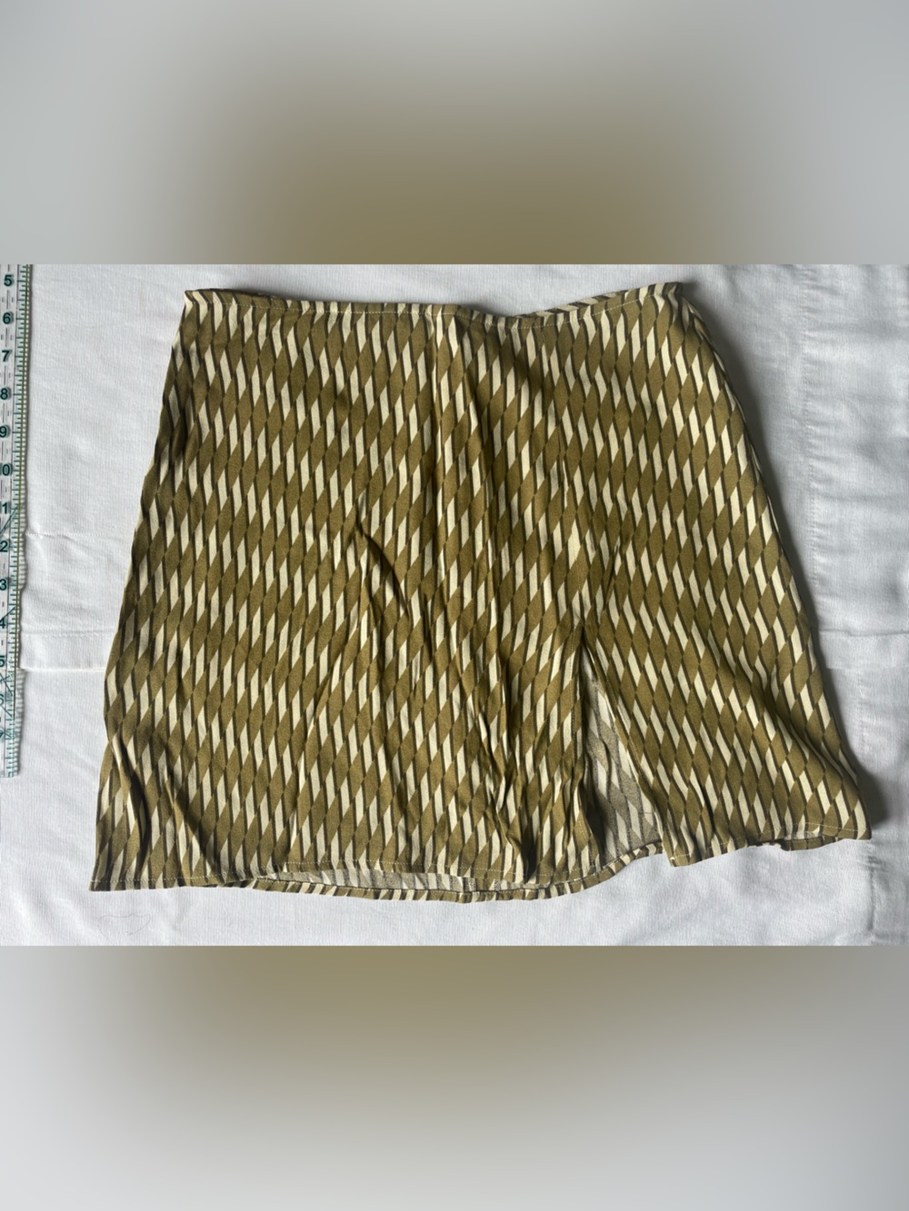 Reformation Olive Green and Cream Geometric Mini Skirt